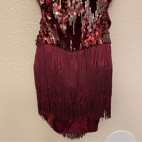 WEISSMAN Elite Dance Costume burgundy red sequin fringe Belong D13198 SA - Picture 5 of 14